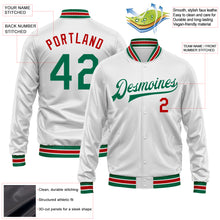 Laden Sie das Bild in den Galerie-Viewer, Custom White Kelly Green-Red Bomber Full-Snap Varsity Faux Leather Letterman Jacket
