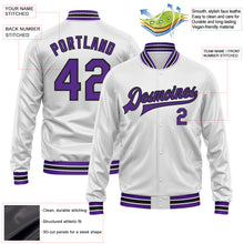 Laden Sie das Bild in den Galerie-Viewer, Custom White Purple-Black Bomber Full-Snap Varsity Faux Leather Letterman Jacket
