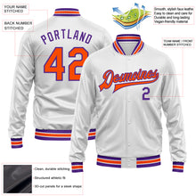 Laden Sie das Bild in den Galerie-Viewer, Custom White Orange-Purple Bomber Full-Snap Varsity Faux Leather Letterman Jacket
