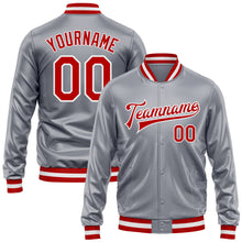 Load image into Gallery viewer, Custom Gray Red-White Bomber Full-Snap Varsity Faux Leather Letterman Jacket
