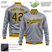 Load image into Gallery viewer, Custom Gray Black-Gold Bomber Full-Snap Varsity Faux Leather Letterman Jacket
