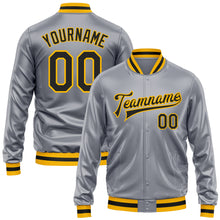 Load image into Gallery viewer, Custom Gray Black-Gold Bomber Full-Snap Varsity Faux Leather Letterman Jacket
