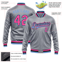 Charger l'image dans la galerie, Custom Gray Pink Light Blue-Black Bomber Full-Snap Varsity Faux Leather Letterman Jacket
