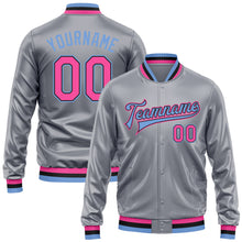 Charger l'image dans la galerie, Custom Gray Pink Light Blue-Black Bomber Full-Snap Varsity Faux Leather Letterman Jacket

