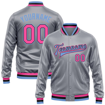 Custom Gray Pink Light Blue-Black Bomber Full-Snap Varsity Faux Leather Letterman Jacket