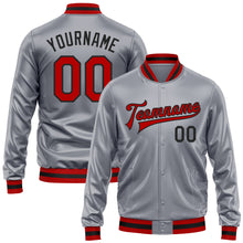 Load image into Gallery viewer, Custom Gray Red-Black Bomber Full-Snap Varsity Faux Leather Letterman Jacket
