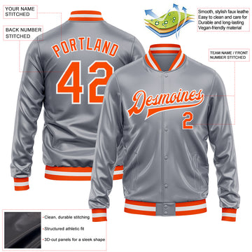 Custom Gray Orange-White Bomber Full-Snap Varsity Faux Leather Letterman Jacket