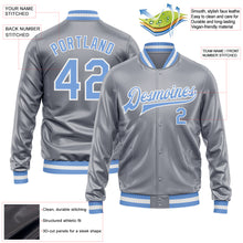 Charger l'image dans la galerie, Custom Gray Light Blue-White Bomber Full-Snap Varsity Faux Leather Letterman Jacket
