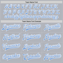 Charger l'image dans la galerie, Custom Gray Light Blue-White Bomber Full-Snap Varsity Faux Leather Letterman Jacket
