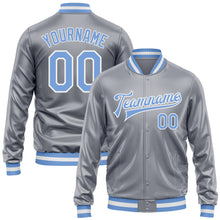 Charger l'image dans la galerie, Custom Gray Light Blue-White Bomber Full-Snap Varsity Faux Leather Letterman Jacket
