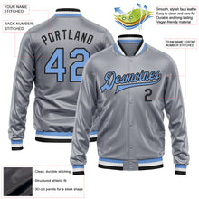 Charger l'image dans la galerie, Custom Gray Light Blue-Black Bomber Full-Snap Varsity Faux Leather Letterman Jacket

