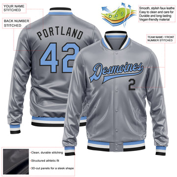 Custom Gray Light Blue-Black Bomber Full-Snap Varsity Faux Leather Letterman Jacket