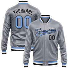 Charger l'image dans la galerie, Custom Gray Light Blue-Black Bomber Full-Snap Varsity Faux Leather Letterman Jacket
