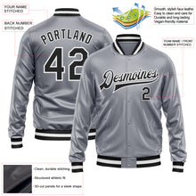 Load image into Gallery viewer, Custom Gray Black-White Bomber Full-Snap Varsity Faux Leather Letterman Jacket
