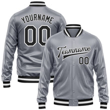 Load image into Gallery viewer, Custom Gray Black-White Bomber Full-Snap Varsity Faux Leather Letterman Jacket
