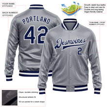 Load image into Gallery viewer, Custom Gray Navy-White Bomber Full-Snap Varsity Faux Leather Letterman Jacket
