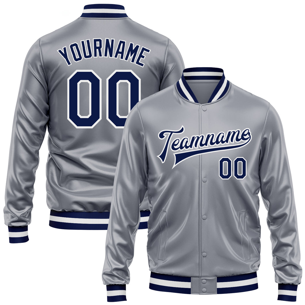 Custom Gray Navy-White Bomber Full-Snap Varsity Faux Leather Letterman Jacket