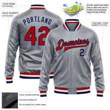 Load image into Gallery viewer, Custom Gray Red-Navy Bomber Full-Snap Varsity Faux Leather Letterman Jacket
