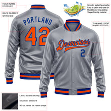 Load image into Gallery viewer, Custom Gray Orange-Royal Bomber Full-Snap Varsity Faux Leather Letterman Jacket
