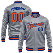 Load image into Gallery viewer, Custom Gray Orange-Royal Bomber Full-Snap Varsity Faux Leather Letterman Jacket
