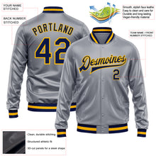 Load image into Gallery viewer, Custom Gray Navy-Gold Bomber Full-Snap Varsity Faux Leather Letterman Jacket
