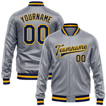 Load image into Gallery viewer, Custom Gray Navy-Gold Bomber Full-Snap Varsity Faux Leather Letterman Jacket
