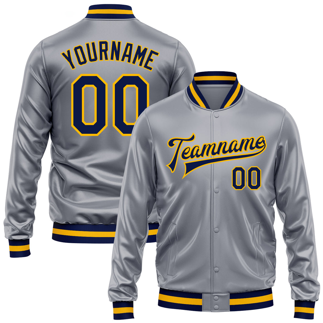 Custom Gray Navy-Gold Bomber Full-Snap Varsity Faux Leather Letterman Jacket