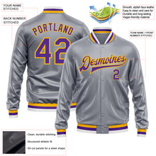 Charger l'image dans la galerie, Custom Gray Purple-Gold Bomber Full-Snap Varsity Faux Leather Letterman Jacket
