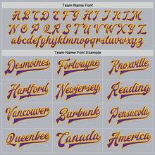 Charger l'image dans la galerie, Custom Gray Purple-Gold Bomber Full-Snap Varsity Faux Leather Letterman Jacket
