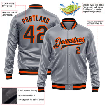 Custom Gray Black-Orange Bomber Full-Snap Varsity Faux Leather Letterman Jacket