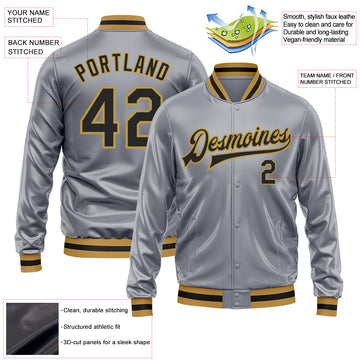 Custom Gray Black-Old Gold Bomber Full-Snap Varsity Faux Leather Letterman Jacket