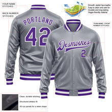 Charger l'image dans la galerie, Custom Gray Purple-White Bomber Full-Snap Varsity Faux Leather Letterman Jacket
