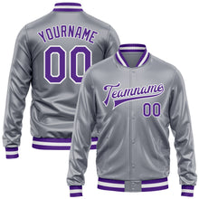 Charger l'image dans la galerie, Custom Gray Purple-White Bomber Full-Snap Varsity Faux Leather Letterman Jacket
