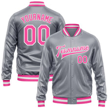 Charger l'image dans la galerie, Custom Gray Pink-White Bomber Full-Snap Varsity Faux Leather Letterman Jacket
