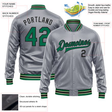 Load image into Gallery viewer, Custom Gray Kelly Green-Black Bomber Full-Snap Varsity Faux Leather Letterman Jacket
