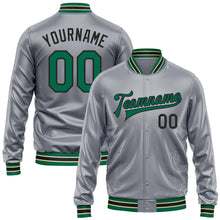 Load image into Gallery viewer, Custom Gray Kelly Green-Black Bomber Full-Snap Varsity Faux Leather Letterman Jacket
