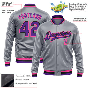 Custom Gray Purple Pink-Black Bomber Full-Snap Varsity Faux Leather Letterman Jacket