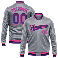 Charger l'image dans la galerie, Custom Gray Purple Pink-Black Bomber Full-Snap Varsity Faux Leather Letterman Jacket
