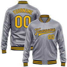 Charger l'image dans la galerie, Custom Gray Gold-Black Bomber Full-Snap Varsity Faux Leather Letterman Jacket
