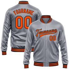 Load image into Gallery viewer, Custom Gray Orange-Black Bomber Full-Snap Varsity Faux Leather Letterman Jacket

