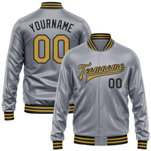 Charger l'image dans la galerie, Custom Gray Old Gold-Black Bomber Full-Snap Varsity Faux Leather Letterman Jacket
