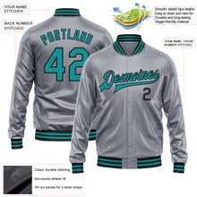 Load image into Gallery viewer, Custom Gray Teal-Black Bomber Full-Snap Varsity Faux Leather Letterman Jacket
