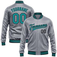 Load image into Gallery viewer, Custom Gray Teal-Black Bomber Full-Snap Varsity Faux Leather Letterman Jacket
