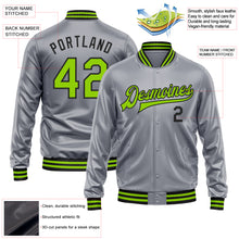 Load image into Gallery viewer, Custom Gray Neon Green-Black Bomber Full-Snap Varsity Faux Leather Letterman Jacket
