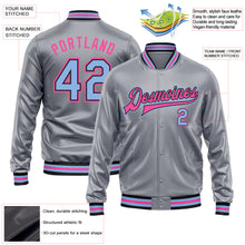 Load image into Gallery viewer, Custom Gray Light Blue Pink-Black Bomber Full-Snap Varsity Faux Leather Letterman Jacket
