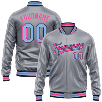 Custom Gray Light Blue Pink-Black Bomber Full-Snap Varsity Faux Leather Letterman Jacket