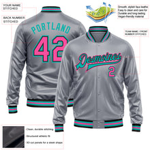 Load image into Gallery viewer, Custom Gray Pink Aqua-Black Bomber Full-Snap Varsity Faux Leather Letterman Jacket
