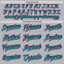 Load image into Gallery viewer, Custom Gray Pink Aqua-Black Bomber Full-Snap Varsity Faux Leather Letterman Jacket
