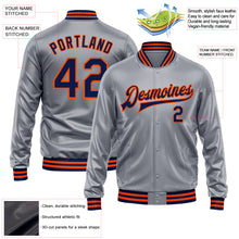 Load image into Gallery viewer, Custom Gray Navy-Orange Bomber Full-Snap Varsity Faux Leather Letterman Jacket
