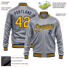 Load image into Gallery viewer, Custom Gray Gold-Navy Bomber Full-Snap Varsity Faux Leather Letterman Jacket
